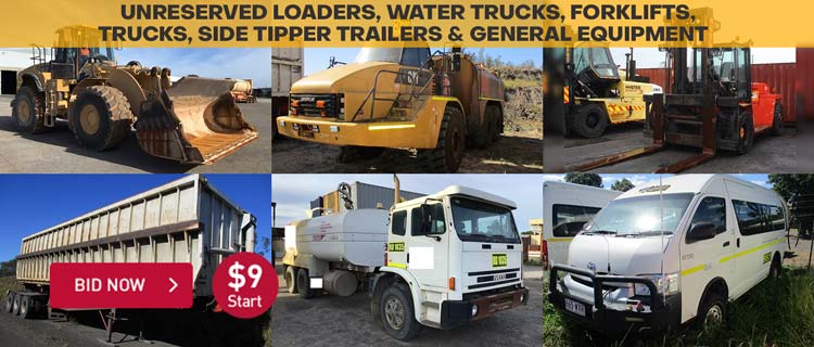 Unreserved Loaders, Water Trucks, Forklifts, Trucks, Side Tipper Trailers & General Equipment