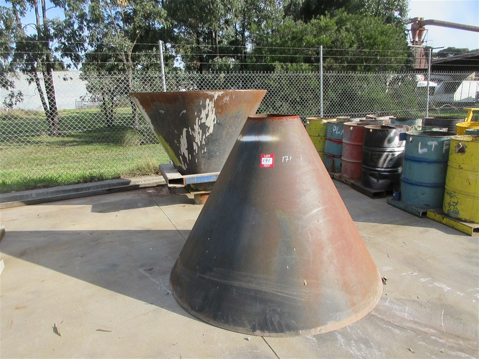 2 x Steel fabricated cones, 5mm plates, 1800mm to 400mm (D), 1500mm (H