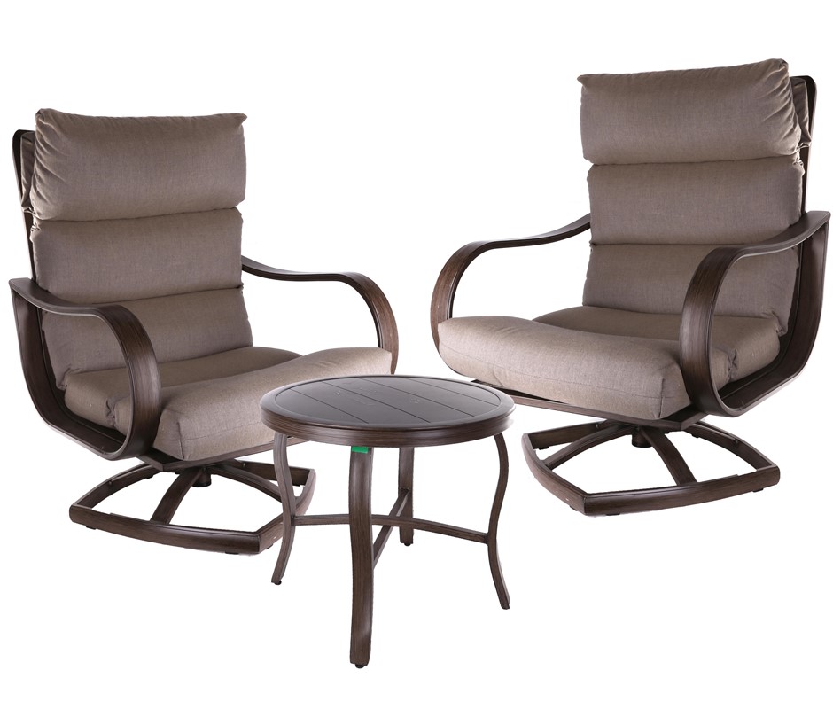 2 x SUNBRELLA Swivel Patio Chairs with Matching Occasional Table