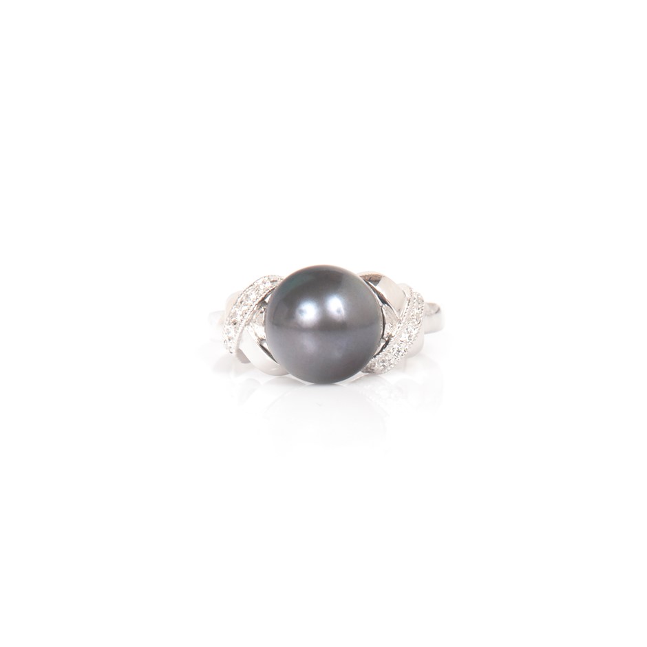 Black Pearl And Cubic Zirconia Sterling Silver Ring