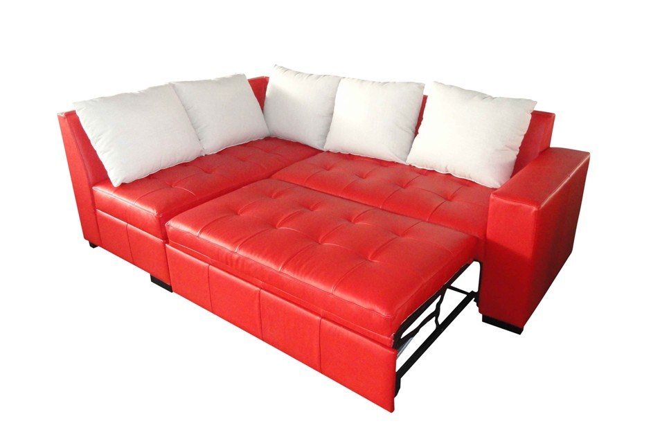 Full Leather Corner Lounge With Sofa Bed And Storage Unit In Red