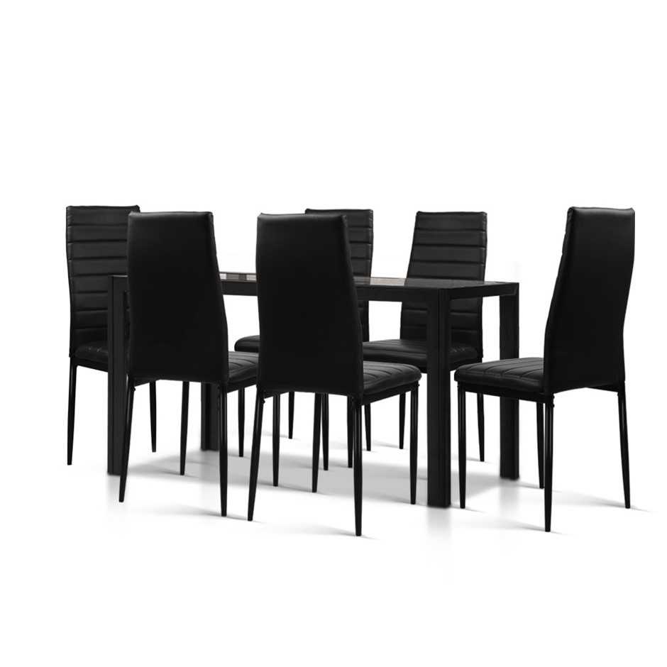 7-Piece Set Dining Table and 6 Chairs Sets Glass Leather Seater Black