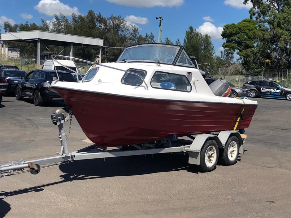 Circa 1985 Half Cabin Fibreglass Boat, 85hp Mariner, Dual Axle Trailer ...