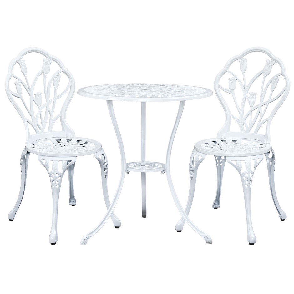 Gardeon 3PC Outdoor Setting Cast Aluminium Bistro Table Chair White 1018