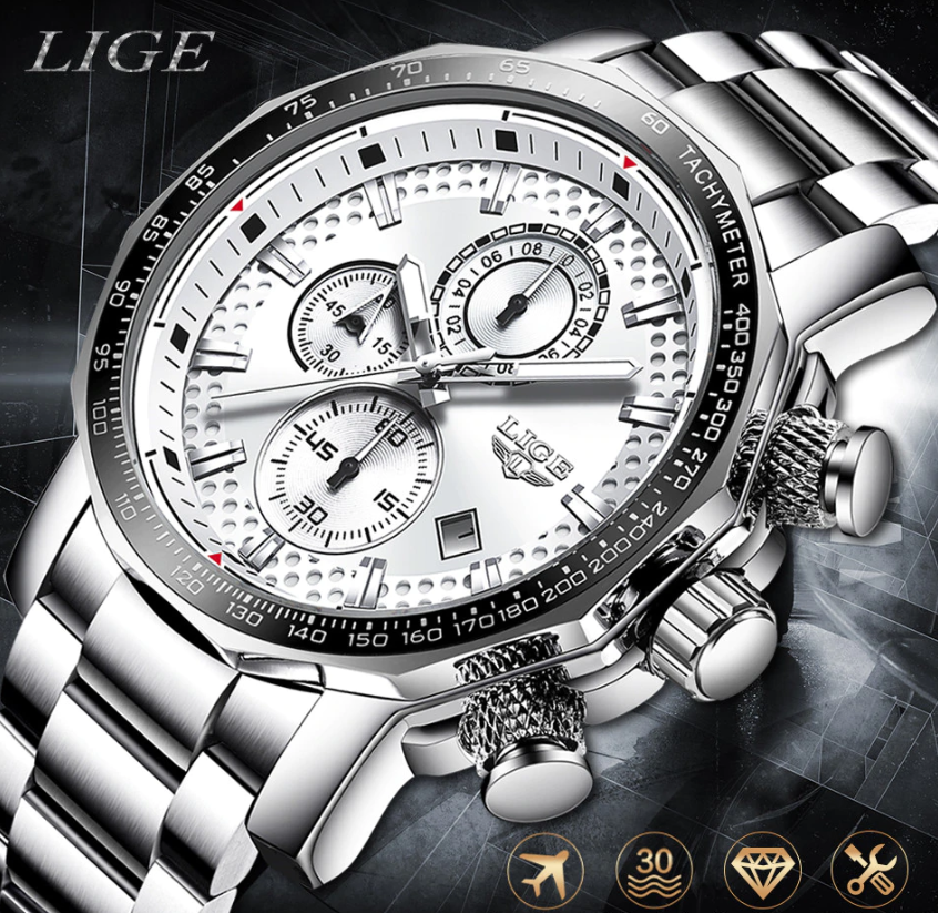 LIGE Men Business & Luxury Quartz Chronograph SS Watch Lige 9902 White ...