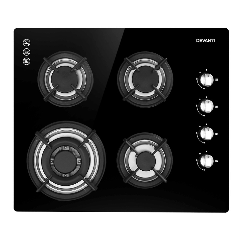 Devanti Gas Cooktop 60cm 4 Burner Glass