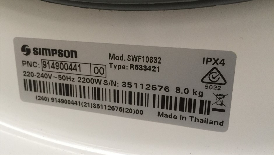 Simpson SWF10832 8kg EZI Sensor Washing Machine Front Loader Auction
