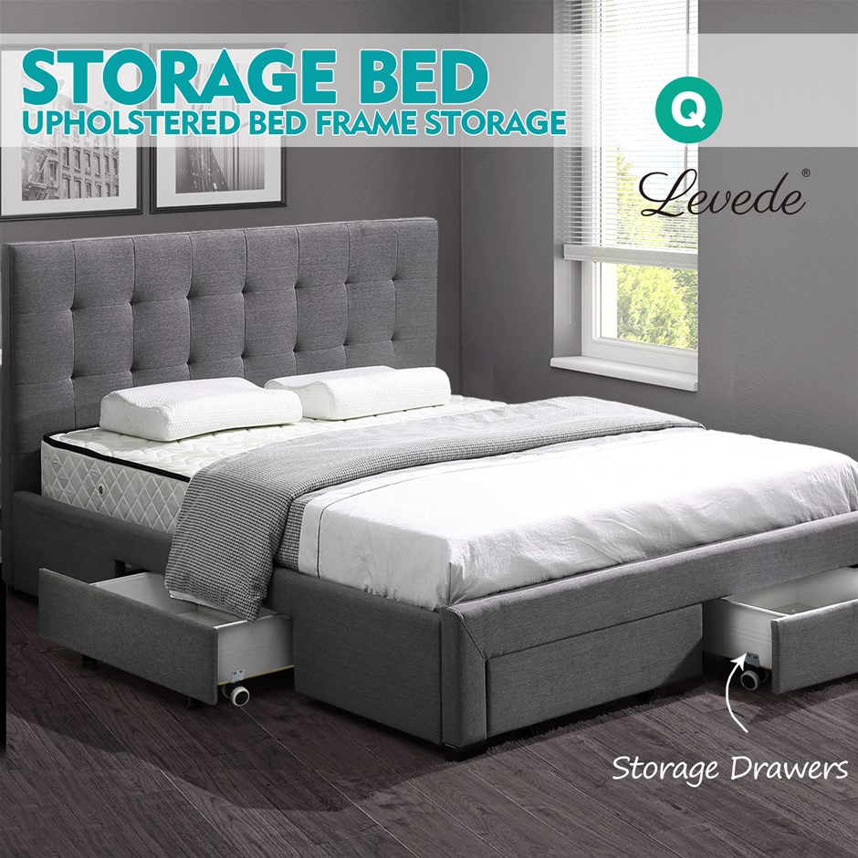 Buy Levede Fabric Bed Frame Base Drawers Mattress Platform Queen Size Grey Grays Australia