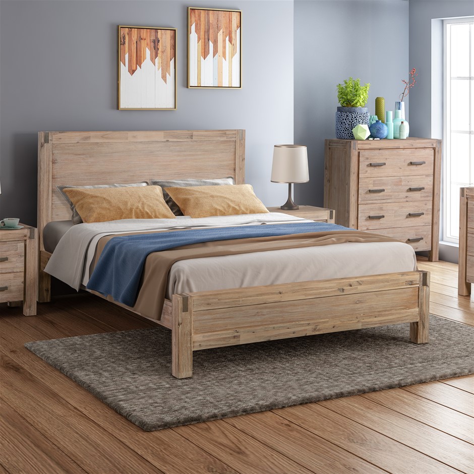 Buy King Single Bed Frame Solid Acacia Wood with Medium High Headboard ...