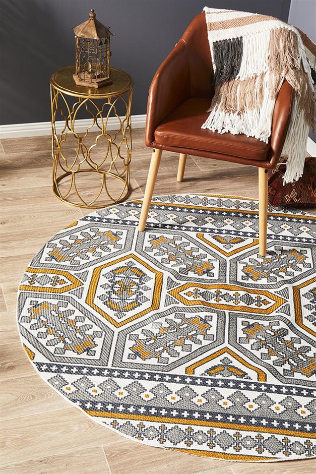 Buy Round Gold & White Hand Braided Cotton Retro Flat Woven Rug