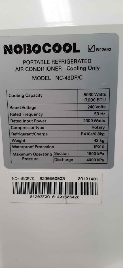 Nobo Cool NC-49DP/C Portable Refrigerated Air Conditioning/Cooling Only  Auction (0031-3019042) | Grays Australia