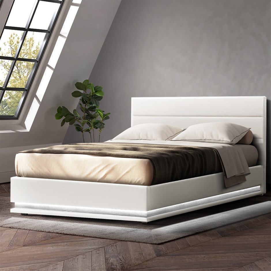 Buy Artiss RGB LED Bed Frame Queen Gas Lift Base Storage White Leather LUMI Grays Australia