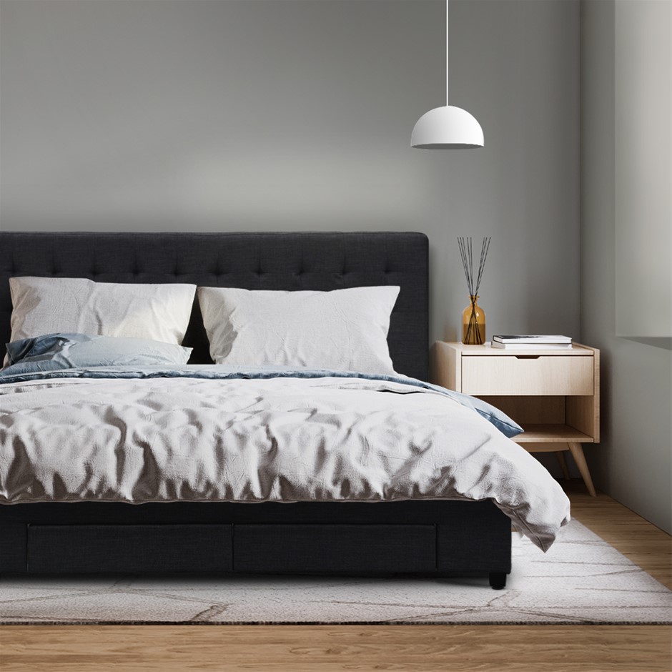 Artiss Queen Size Fabric Bed Frame Headboard with Drawers - Charcoal