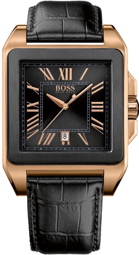 Men s Black Hugo Boss Leather Strap Square Watch 1512798