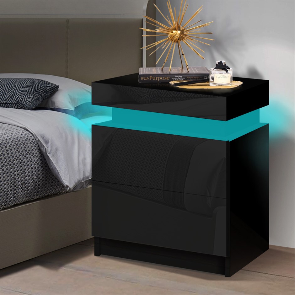 ALFORDSON Bedside Table RGB LED Nightstand 2 Drawers High Gloss Black