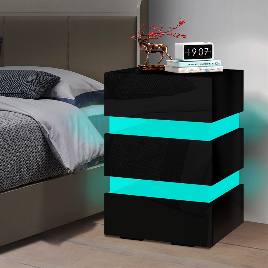 ALFORDSON Bedside Table RGB LED Nightstand 3 Drawers High Gloss Black