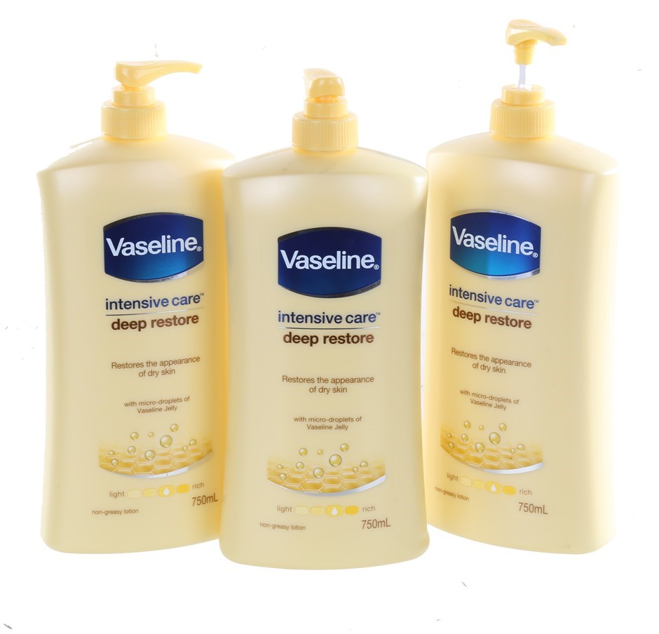 3 x VASELINE Intensive Care Deep Restore Skin Lotion, 750ml. Buyers Note -