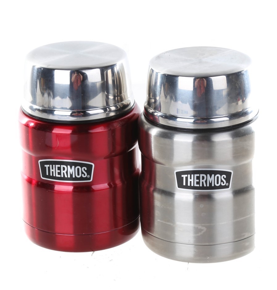 THERMOS 2pk Vacuum Insulated Food Jar with Spoons, 470mL, Red & Silver. N.B