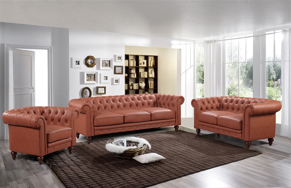 Buy 3+2+1 Seater Brown Sofa Lounge Chesterfireld Button Tufted in Faux ...