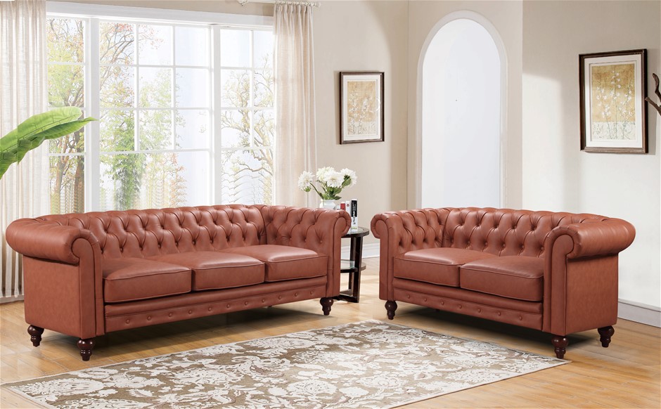 Buy 3+2 Seater Brown Sofa Lounge Chesterfireld Button Tufted in Faux ...