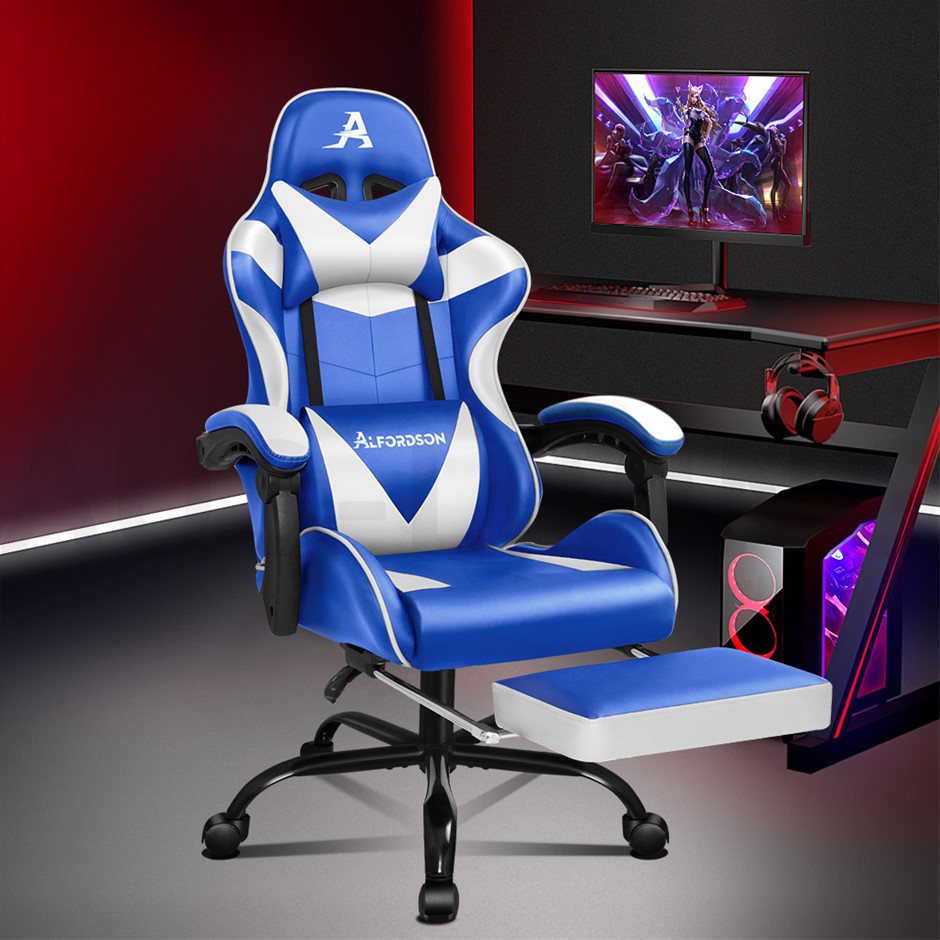 Buy Gaming Chair Lumbar Massage Office Racing Footrest Blue & White ...