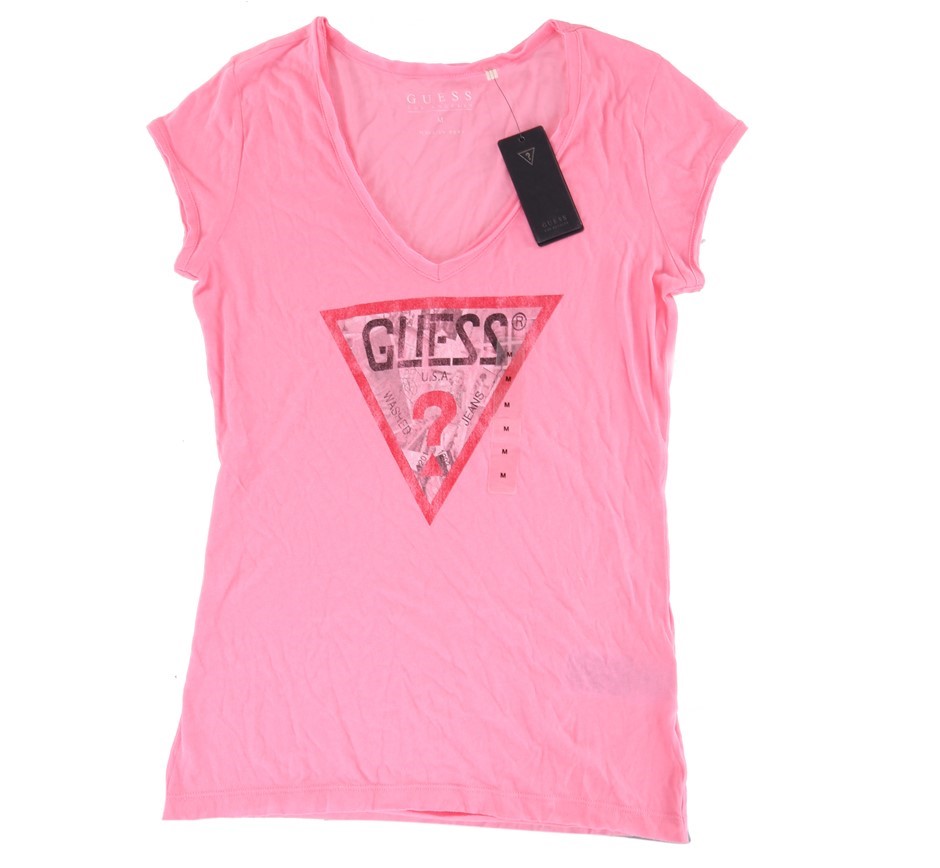 GUESS Women's Logo V-Neck Tee, Size M, Pink.  Buyers Note - Discount Freigh