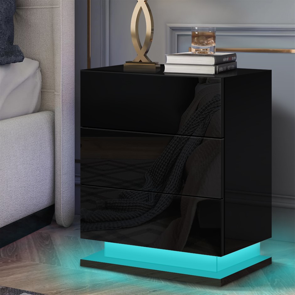 Bedside Table RGB LED Nightstand 3 Drawe