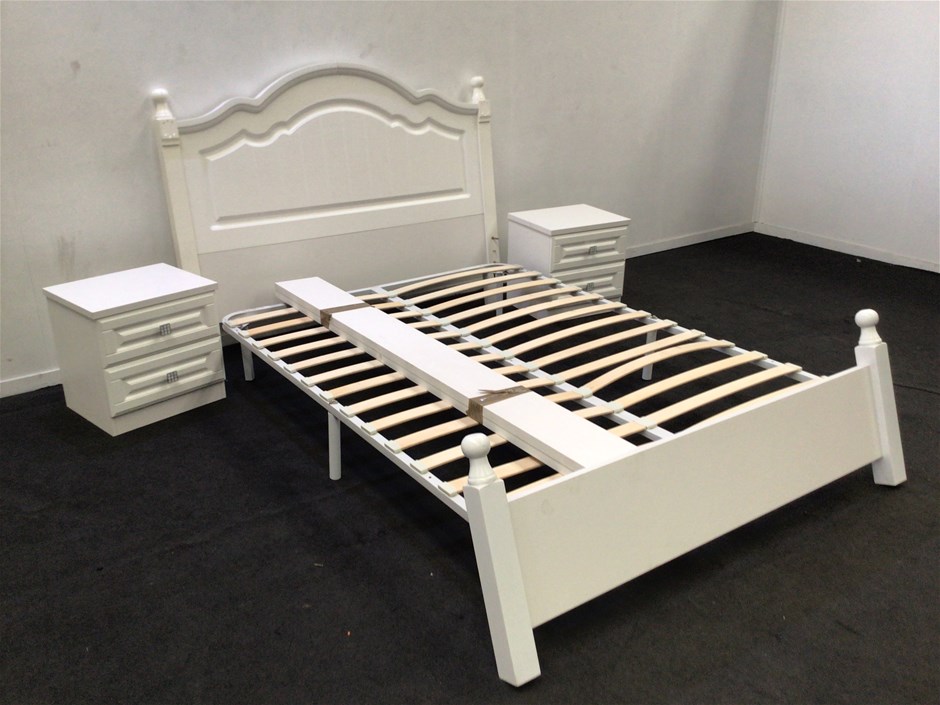 White Timber Queen Size Bed with 2x Bed Side Tables Auction (0007