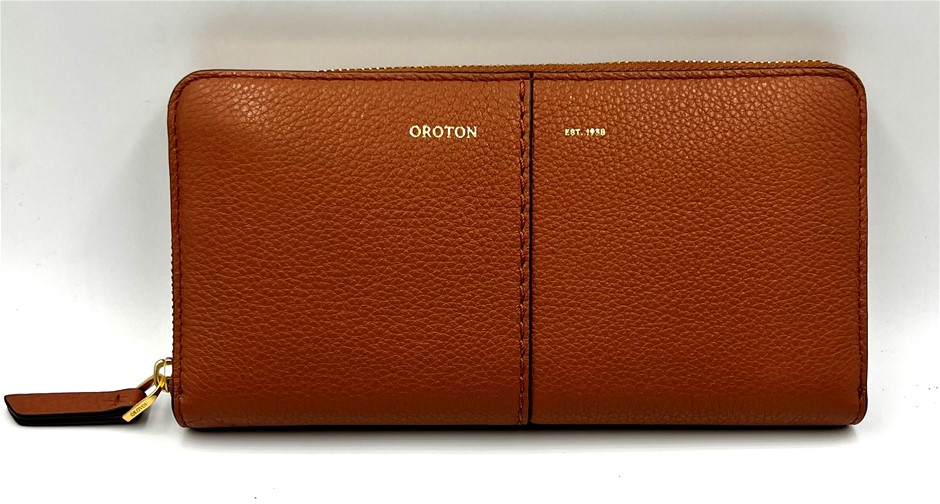 Oroton Tan Zip Around Pebbled Leather Wallet Auction (00942547876