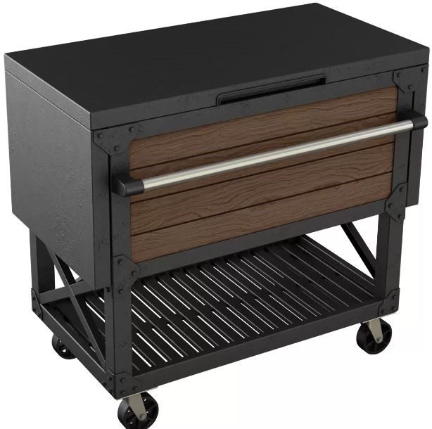 KETER Patio Cooler and Beverage Cart, Double Walled WoodLook Resin