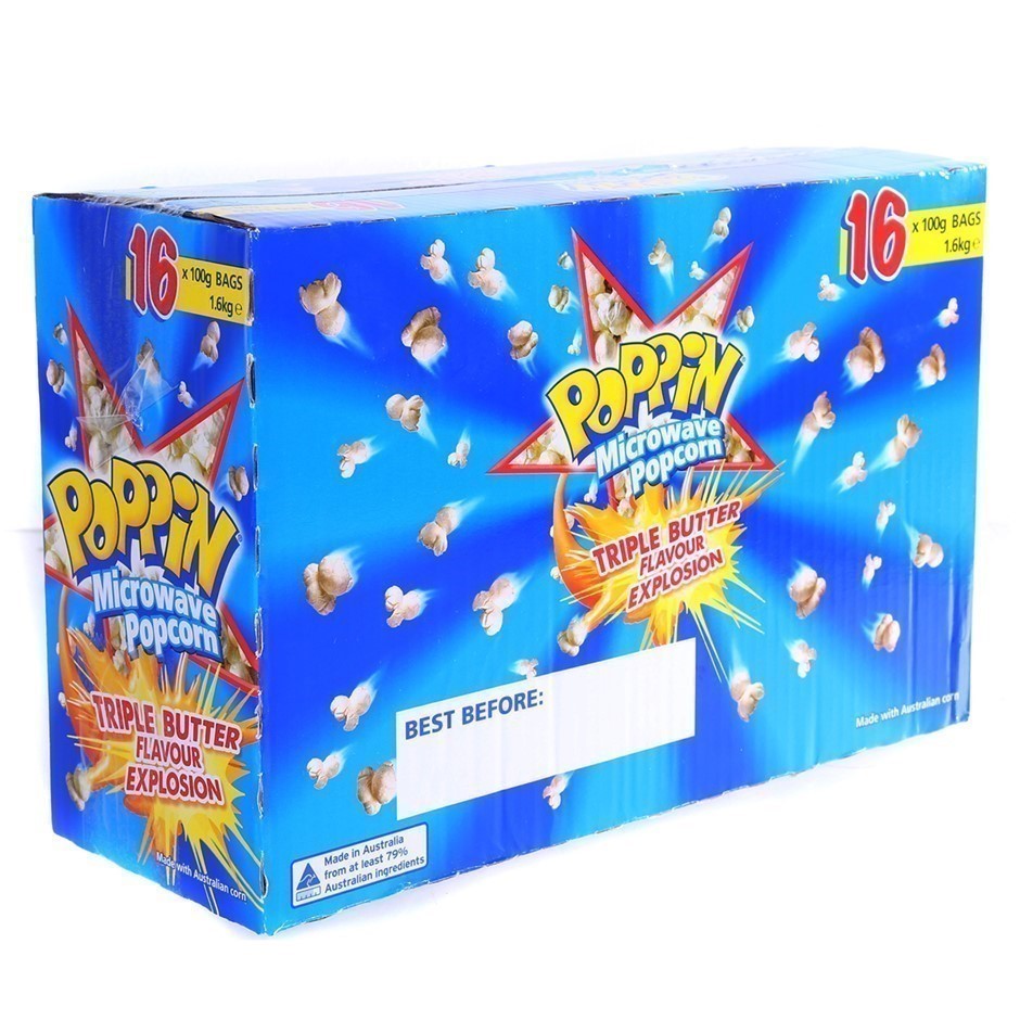 2 x POPPIN 16pk Microwave Popcorn Triple Butter Flavour, 100g. Auction