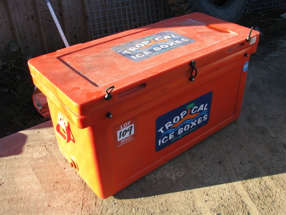 Ice Box, Tropical Ice Boxes, Orange Moulded PVC, Hinged Top Lid, Carry Hand Auction (0109