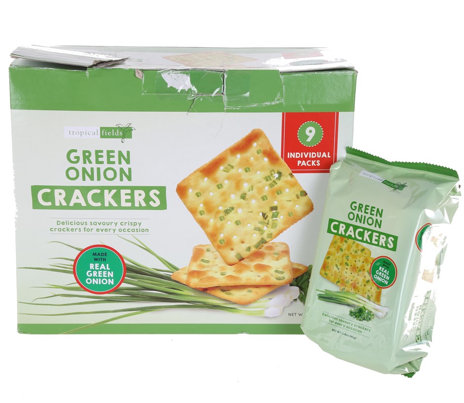 2 x TROPICAL FIELDS 9pk Green Onion Crackers 80g. N.B: damaged outer ...