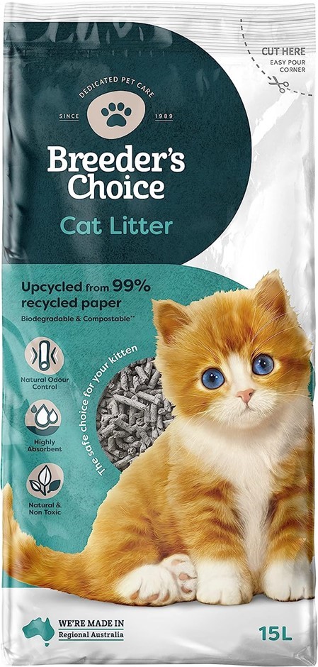 BREEDER'S CHOICE 99% Recycled Paper Cat Litter, 15 Litre. NB: The Base Of T
