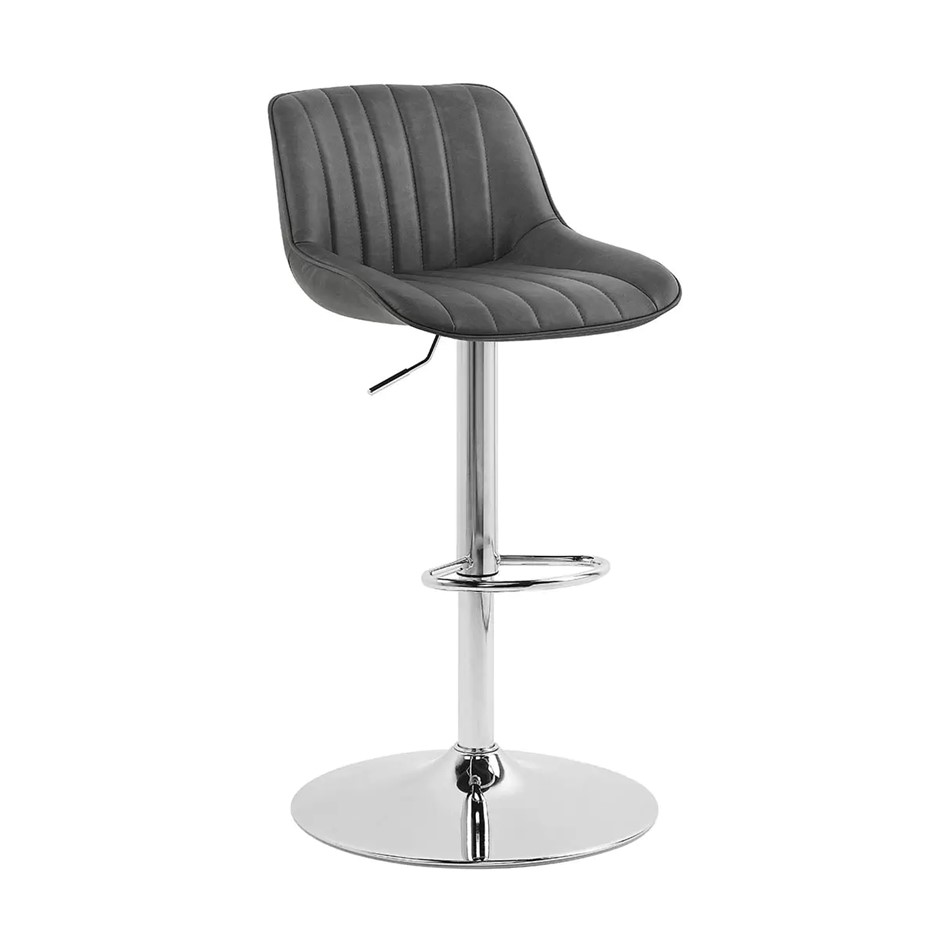 BAYSIDE Bonded Leather Stitched Gas Lift Bar Stool, Grey & Chrome. NB