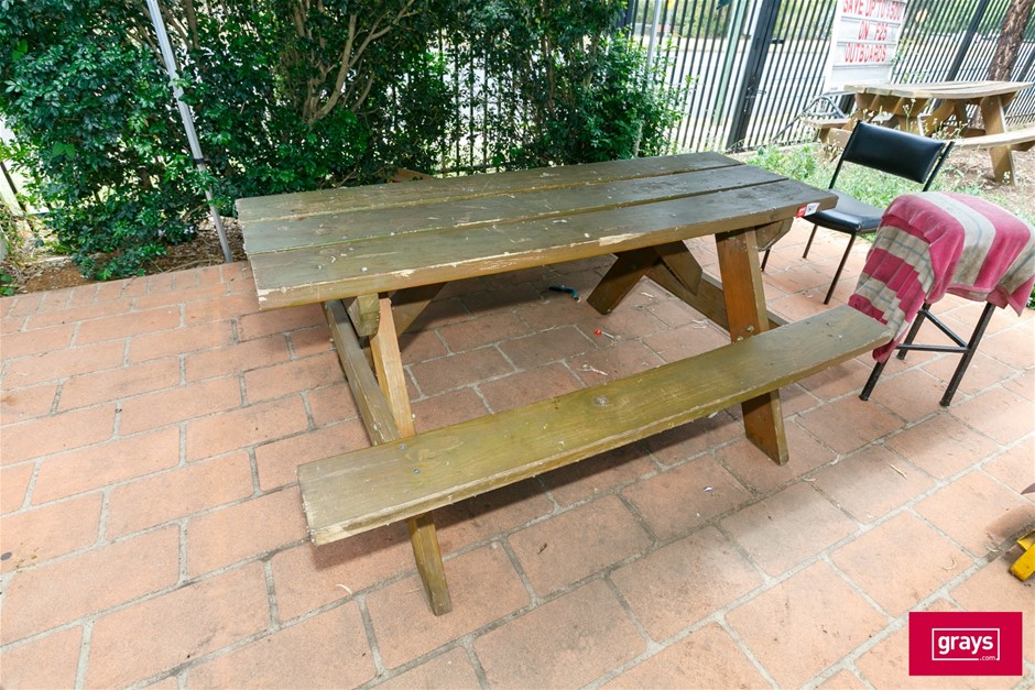 1x Timber Outdoor Table with Integrated Seats Auction (16015054615