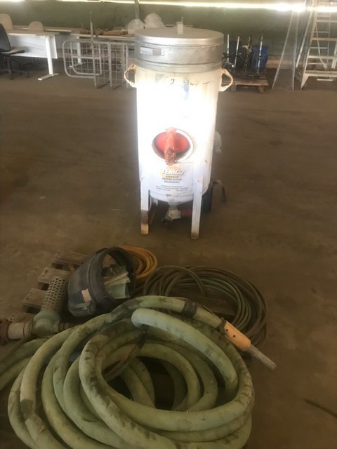 Atlas Copco 175 CFM Air Comp, Temco Sand Blast Pot, Shed