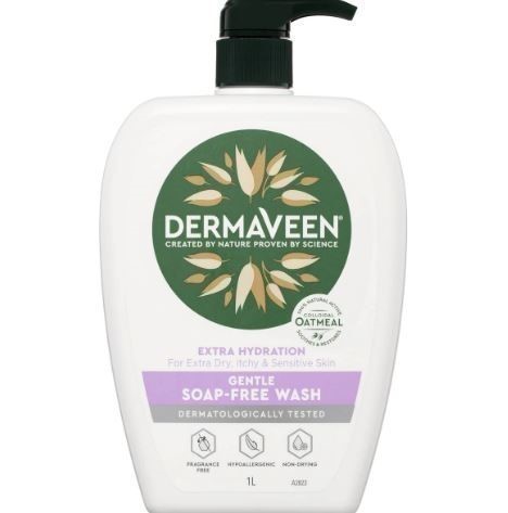 2 x DERMAVEEN Gentle Soap-Free Wash Extra Hydration 1L. NB: Damaged packagi