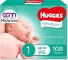 HUGGIES Newborn Nappies, Unisex, Size: 1 (Up to 5kg), 108 Nappies, 22200-00