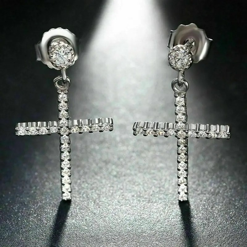 Elegant 18K White Gold plated cross CZ Earrings