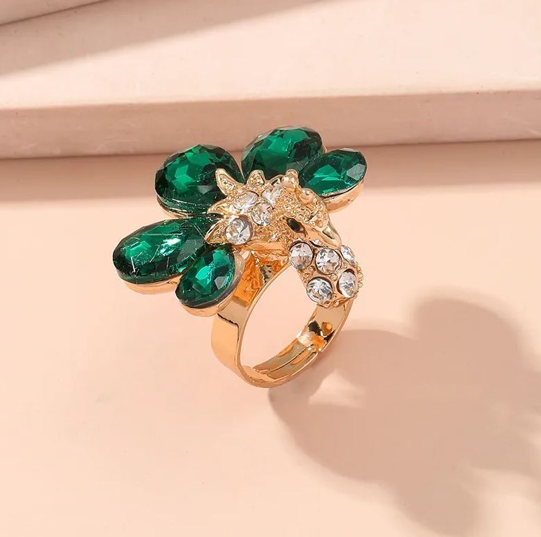 Elegant 18K Yellow Gold plated Simulated Emerald Peacock Teardrop Ring