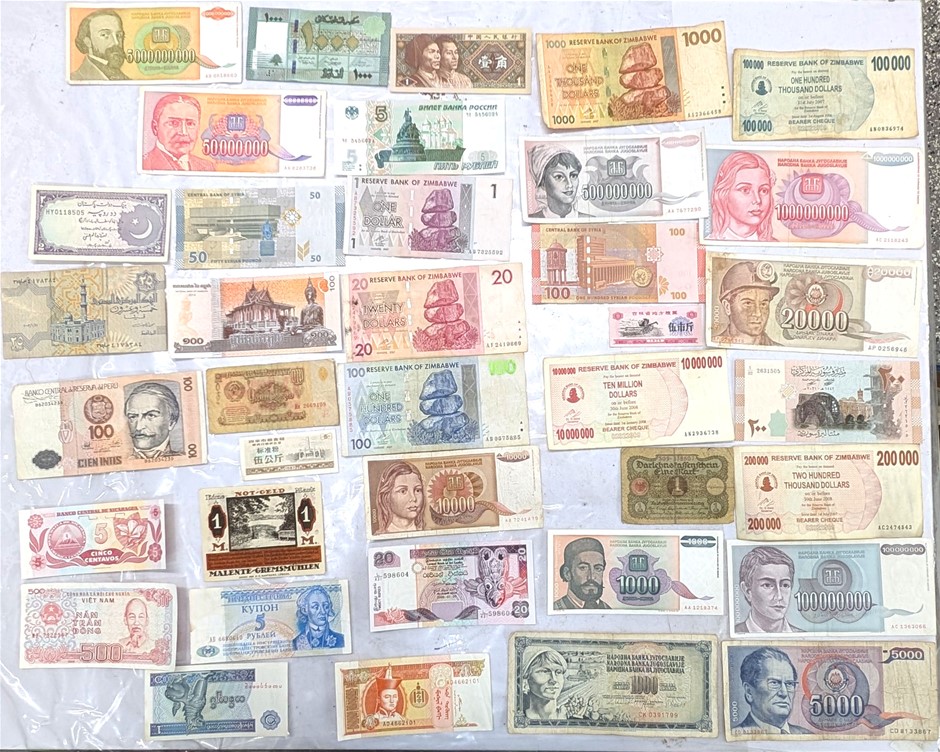 Three Dozen Mostly Circulated Mixed World Banknote Collection Auction