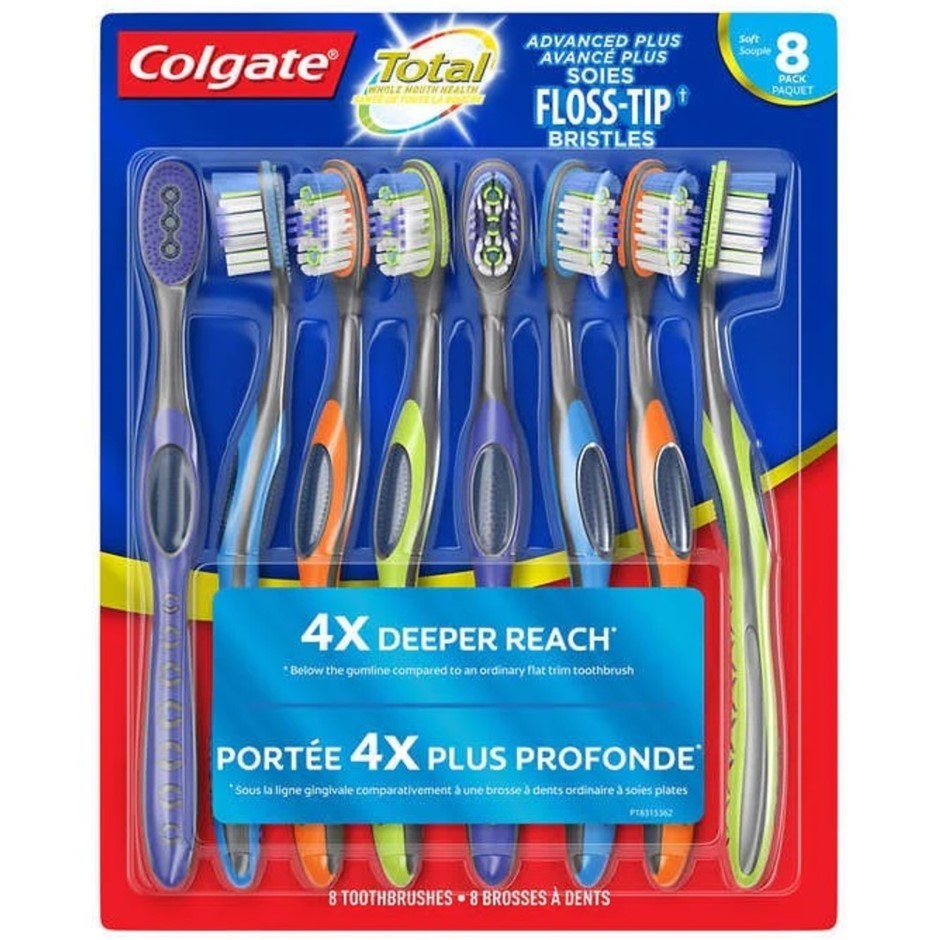 COLGATE Total 8pk Advanced Plus Toothbrushes w/ Floss Tip Bristles. NB: Dam