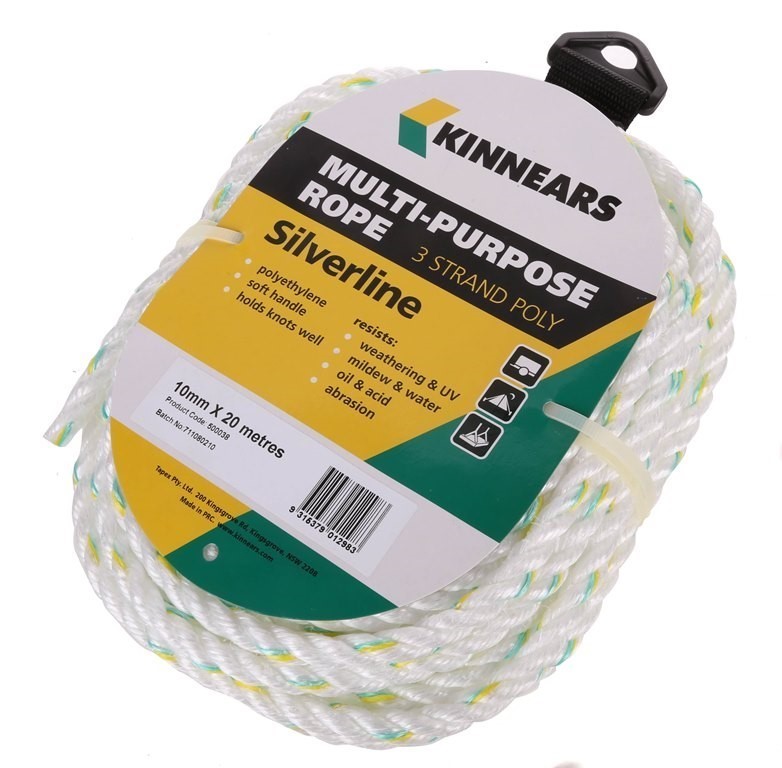 6 x KINNEARS 10mm x 20M Multi-Purpose 3 Strand Poly Ropes Pack with Velcro