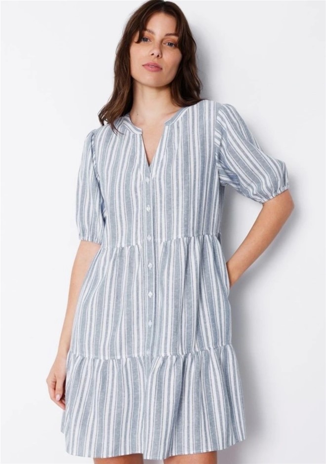 GRAB DENIM Linen Smock Dress, Unknown Size (Approximately 10+), Blue Stripe