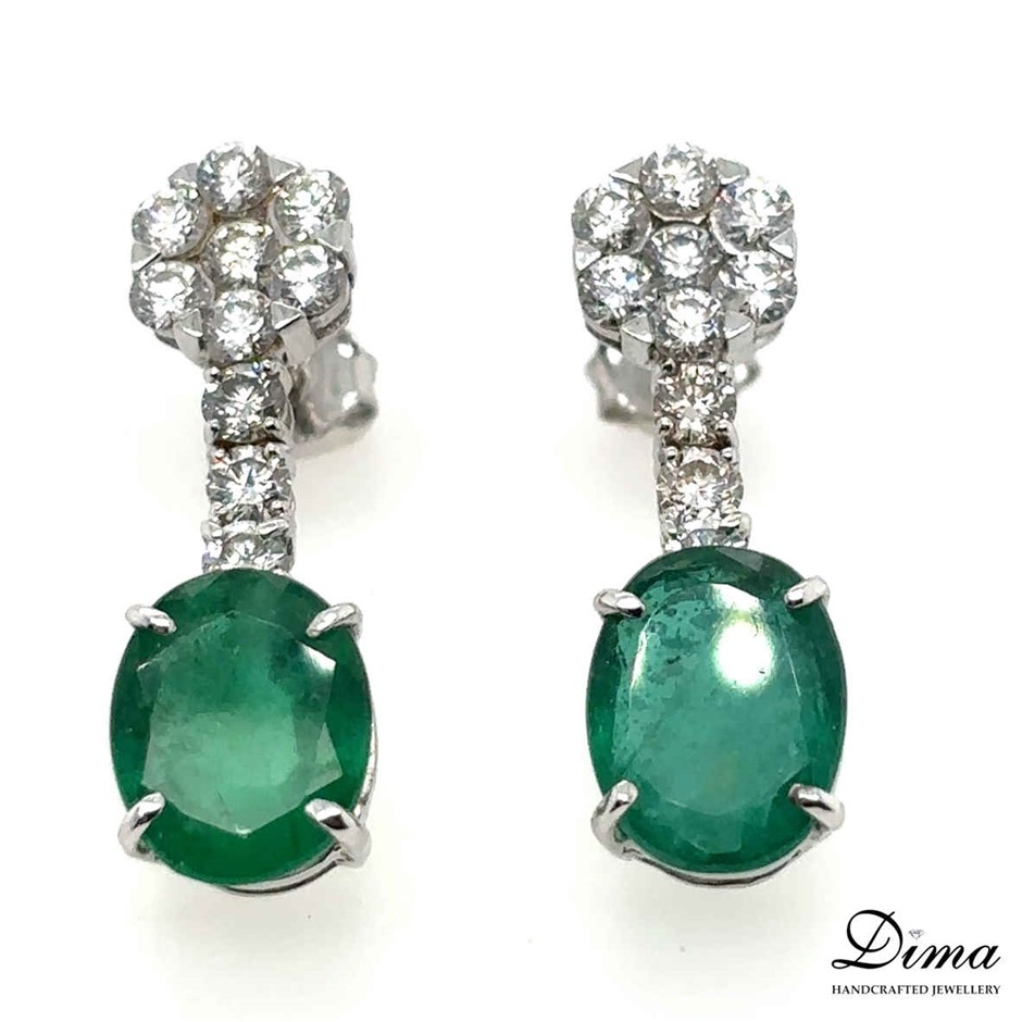5.72Ct Oval Cut Emerald & Diamond 1.45Ct Earrings 18K White Gold