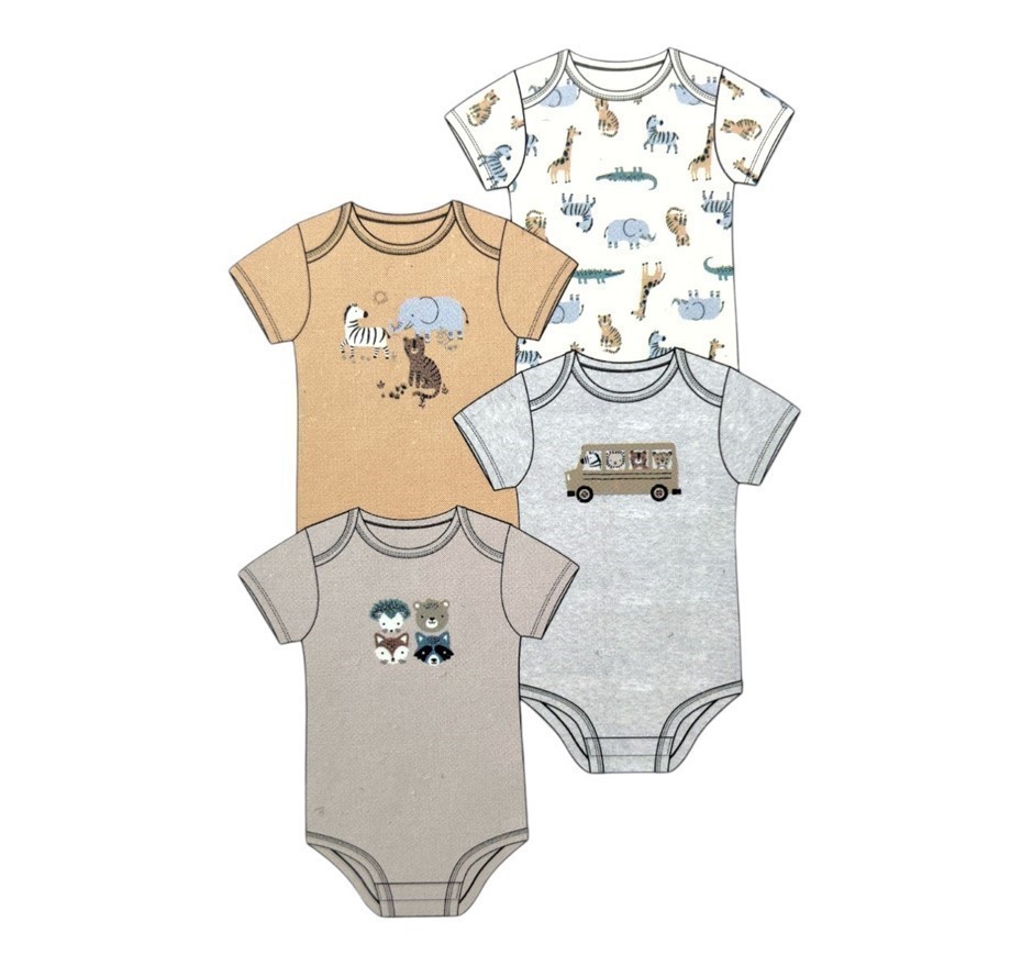 4-Pack PEKKLE Bodysuits, Size 24M, Organically Grown Cotton, Safari. Buyer