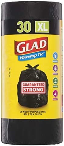 4 x GLAD 30pk Wavetop Tie Garbage Bags, 100cm x 78cm Size XL, Black. not in