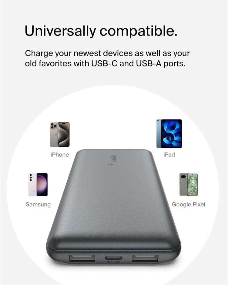BELKIN BoostCharge USB-C Portable Charger 10000mAh Power Bank, 1 USB-C Port
