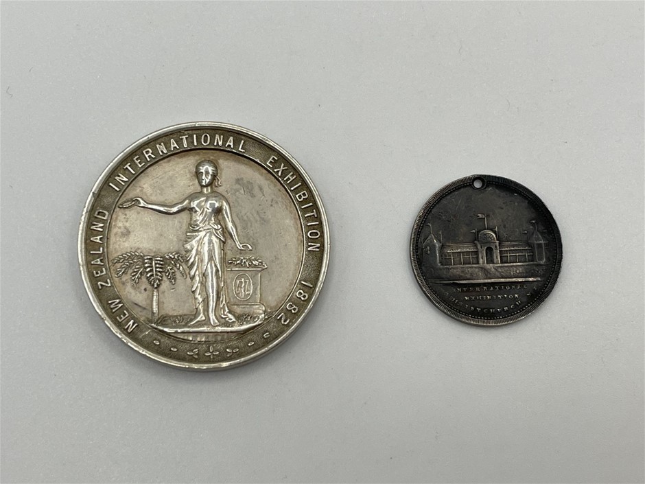 2 x 1882 NZ International Exhibition silver medals, good very fine & rare